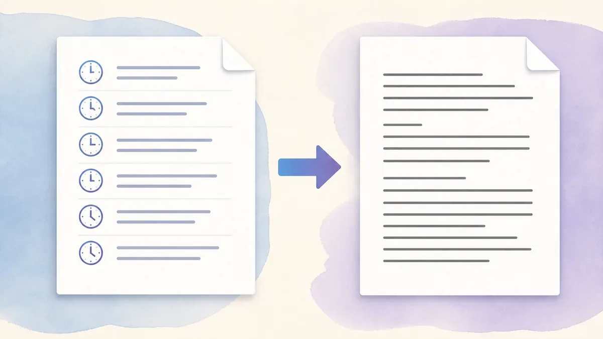 Editorial illustration comparing a timed transcript with a clean text transcript